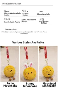 Detail of plush mooncake pendants with Good Luck embroidery and metallic keychains