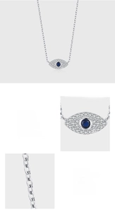 Macro detail of S925 sterling silver evil eye pendant with blue stone and pave setting
