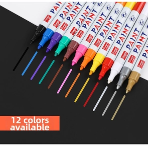 Detailed view of 12-color paint marker set with 2.8mm tips on a black and white background