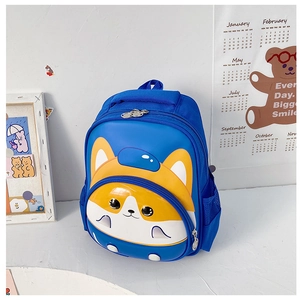 Detail of blue children's backpack featuring a 3D yellow cartoon dog with ears