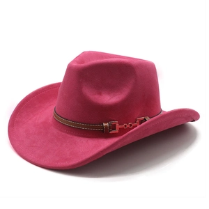 Detail of rose red western cowboy hat with brown leather belt and metal buckle