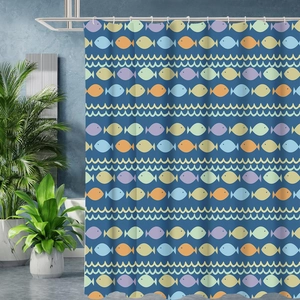 Detail of waterproof bath curtain featuring colorful small fish print in a modern bathroom