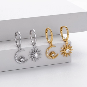 S925 Sterling Silver sun and moon hoop earrings with white zircon accents in gold and silver