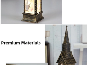 Close-up of retro church-style LED lantern with bronze finish and glitter snow effect