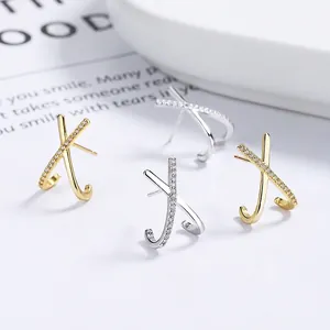 925 Sterling Silver X-Shape Crisscross Stud Earrings For Women Cubic Zirconia Micro-Pave Minimalist Light Luxury Jewelry