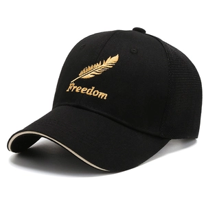 Black trucker cap with Freedom feather embroidery and breathable mesh in 45-degree view