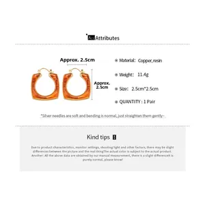 Detailed technical diagram showing 2.5cm resin square earrings with 18k gold plating
