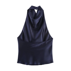 Flat lay of a navy blue satin halter top with a silky texture and high neckline
