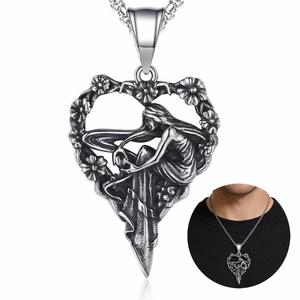 Vintage Heart Fairy Pendant Necklace Stainless Steel Retro Angel Wings Flower Relief Gothic Jewelry For Women Men