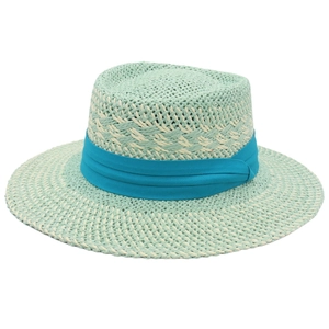 Chapeau de soleil tissé de style français avec motifs vert menthe et ruban bleu
