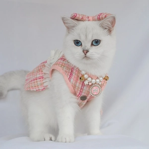 Pink tweed pet dress detail with matching bow headband and luxury pearl necklace accessory