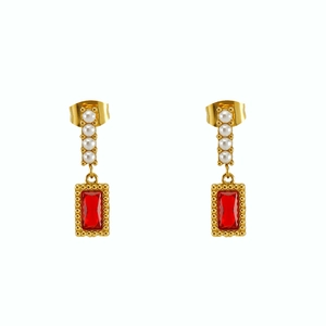 Vintage style gold earrings featuring white pearls and rectangular red zircon stones
