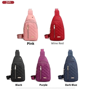 Close-up of quilted nylon crossbody chest bags in five colors with metal logo tags