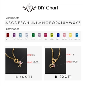 DIY custom alphabet and birthstone pendant chart for stainless steel gold jewelry kits.
