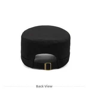 Detail view of the black military cap back with adjustable strap and metal buckle closure