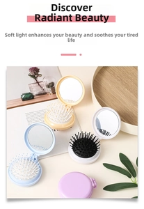 Macro detail of portable folding air cushion brushes with integrated round makeup mirrors