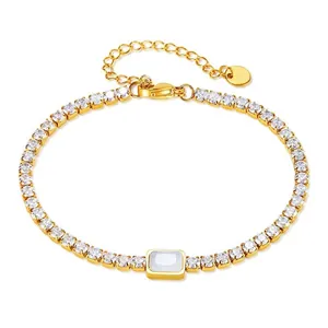 Elegant Tennis Bracelet Women Gold Plated Stainless Steel Cubic Zirconia Rectangular Shell Center Stone Adjustable Chain
