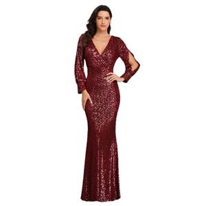 Elegant deep red sequin evening gown with V-neck and mermaid silhouette for women