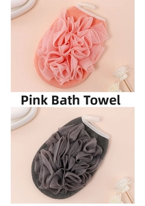 Detail showing double-sided shower glove with pink mesh flower and gray scrubbing surface