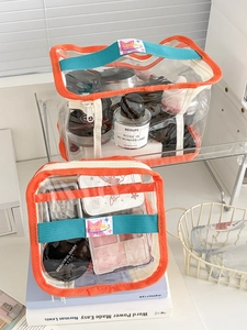 Detail of transparent PVC travel bags with orange piping and blue woven handles
