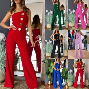 Women Strapless Jumpsuit Elegant Gold Button Decor Wide Leg High Waist One Piece Party Commute Polyester Fashion