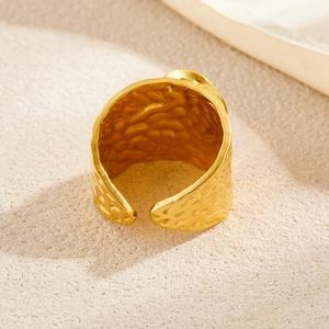 Vintage wide gold plated stainless steel open ring with hammered texture finish