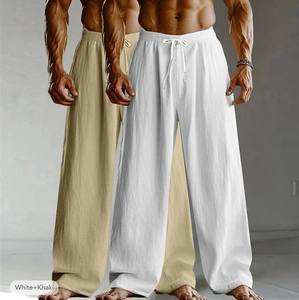 Lot de 2 pantalons larges pour hommes en coton et lin, coloris blanc et kaki décontracté