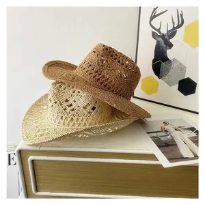 Western Cowboy Hat Hollow Straw Weave Sun Protection Wide Brim Breathable Summer Beach Travel For Men Women