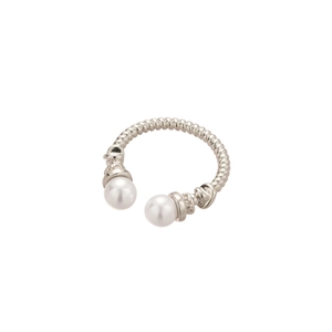 Elegant silver twisted rope open ring featuring white pearls and zircon accents