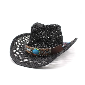 Detail of black straw cowboy hat with bohemian turquoise bead band and hollow knit weave
