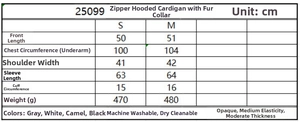 Size chart for zipper knit cardigan showing chest, length, and sleeve measurements in cm
