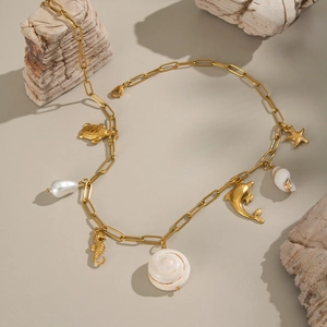 Bracelet océan en acier inoxydable plaqué or 18K avec pendentifs hippocampe et perle