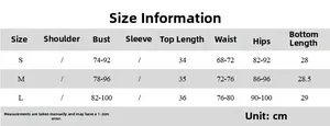 Detailed size chart for striped backless top and shorts set in S, M, L dimensions