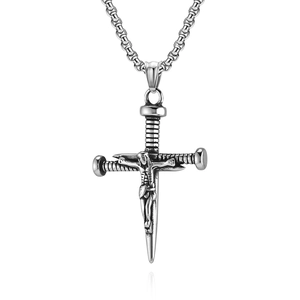 Retro stainless steel nail cross pendant necklace with box chain and crucifix detail