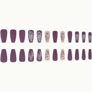 24pcs purple floral press-on nails in long coffin shape with vintage leaf patterns