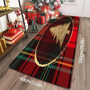 Detail view of 60x180cm Christmas rug with red plaid and golden tree design