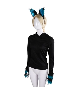 Detail shot of blue and black plush beast ear headband and matching fingerless gloves