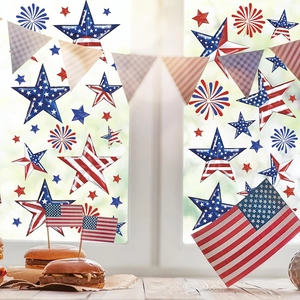 Independence Day window clings set with patriotic stars and fireworks on glass