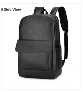 Detail view of the black PU leather business backpack with lychee texture and front flap pocket