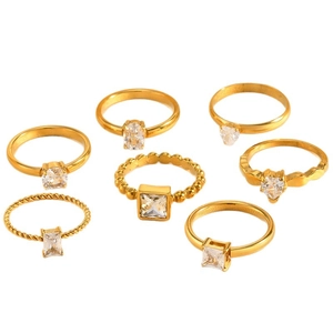 Gold-plated 7-piece adjustable stackable ring set with cubic zirconia stones for women