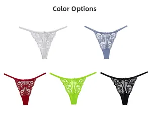 Flat lay detail showing five colors of lace thong underwear with floral embroidery