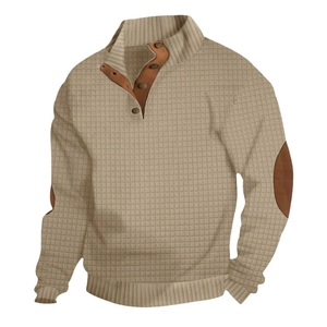 Men's khaki waffle knit sweater with button collar and faux leather elbow patches