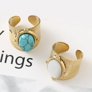 Bohemian adjustable wide gold ring set featuring turquoise and white oval stones