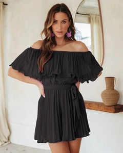 Detail showing pleated off-shoulder neckline and waist belt of black summer romper