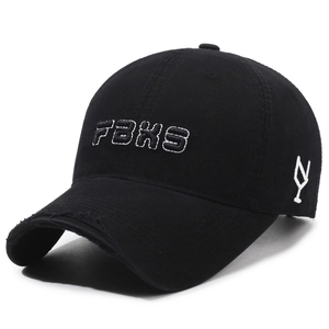 Distressed black cotton baseball cap with FBXS 3D embroidery and vintage worn edges