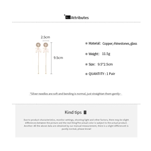Detailed dimensions of gold tassel drop earrings with crystals and glass materials