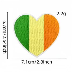 Heart shaped Irish flag embroidery patch for clothing with white stitched borders