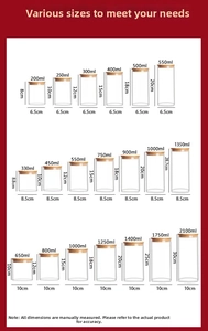 Detailed chart showing glass storage jars in multiple sizes from 200ml up to 2100ml capacity