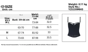 Detailed size chart for lace trim camisole top showing measurements in centimeters and weight