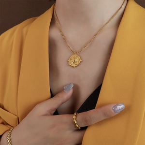 Irregular Geometric Square Round Coin Pendant Necklace Titanium Steel 18K Gold Plated Vintage Sunburst Ball Chain Women